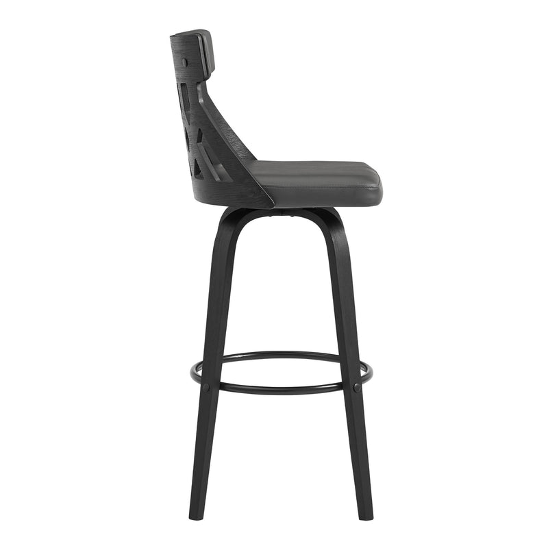 Crux 30" Swivel Bar Stool in Gray Faux Leather and Black Wood - Furniture City (CA)l