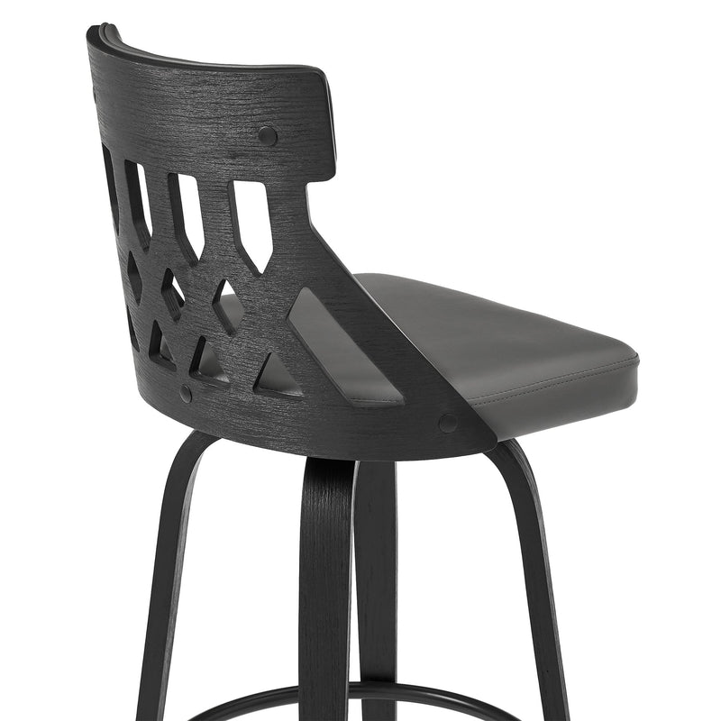 Crux 30" Swivel Bar Stool in Gray Faux Leather and Black Wood - Furniture City (CA)l