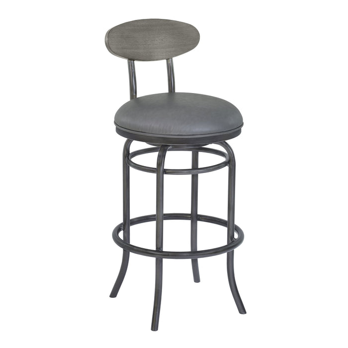Davis 30" Bar Height Metal Swivel Barstool in Vintage Gray Faux Leather with Mineral Finish and Gray Walnut Wood Back