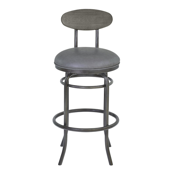 Davis 30" Bar Height Metal Swivel Barstool in Vintage Gray Faux Leather with Mineral Finish and Gray Walnut Wood Back