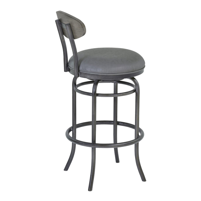 Davis 30" Bar Height Metal Swivel Barstool in Vintage Gray Faux Leather with Mineral Finish and Gray Walnut Wood Back