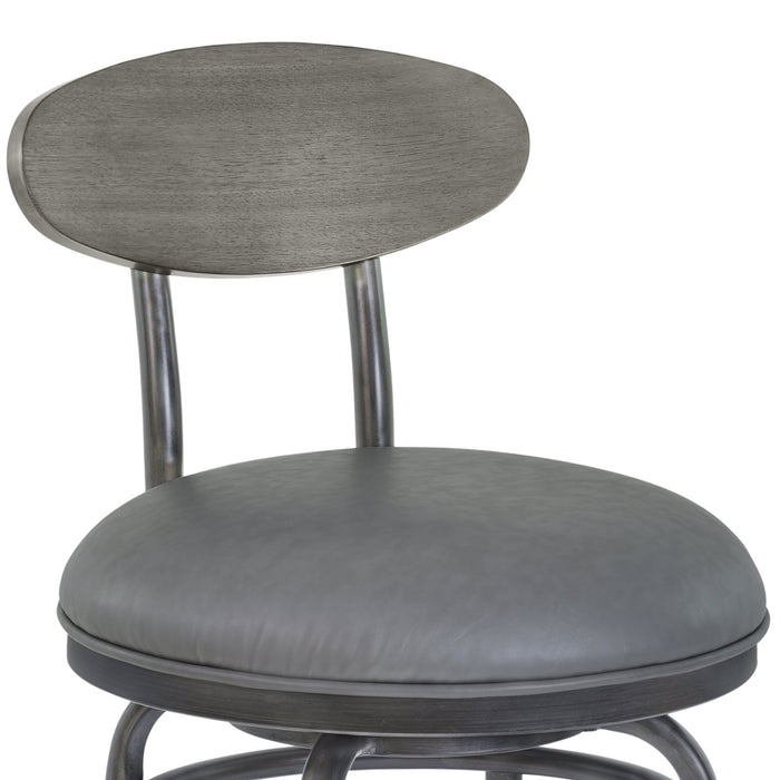 Davis 30" Bar Height Metal Swivel Barstool in Vintage Gray Faux Leather with Mineral Finish and Gray Walnut Wood Back