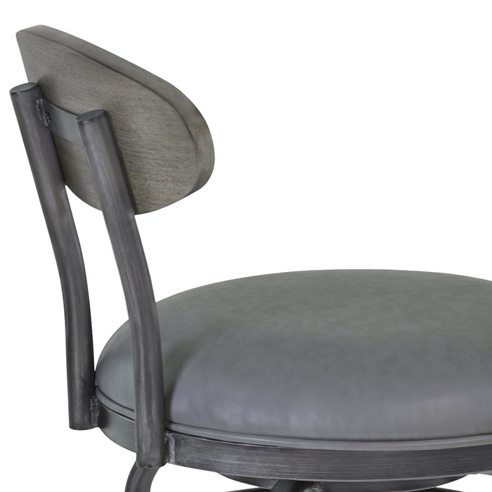 Davis 30" Bar Height Metal Swivel Barstool in Vintage Gray Faux Leather with Mineral Finish and Gray Walnut Wood Back