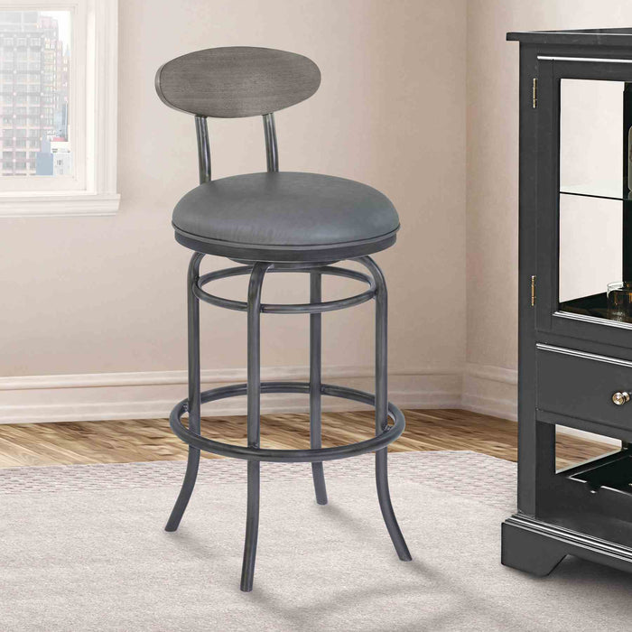 Davis 30" Bar Height Metal Swivel Barstool in Vintage Gray Faux Leather with Mineral Finish and Gray Walnut Wood Back