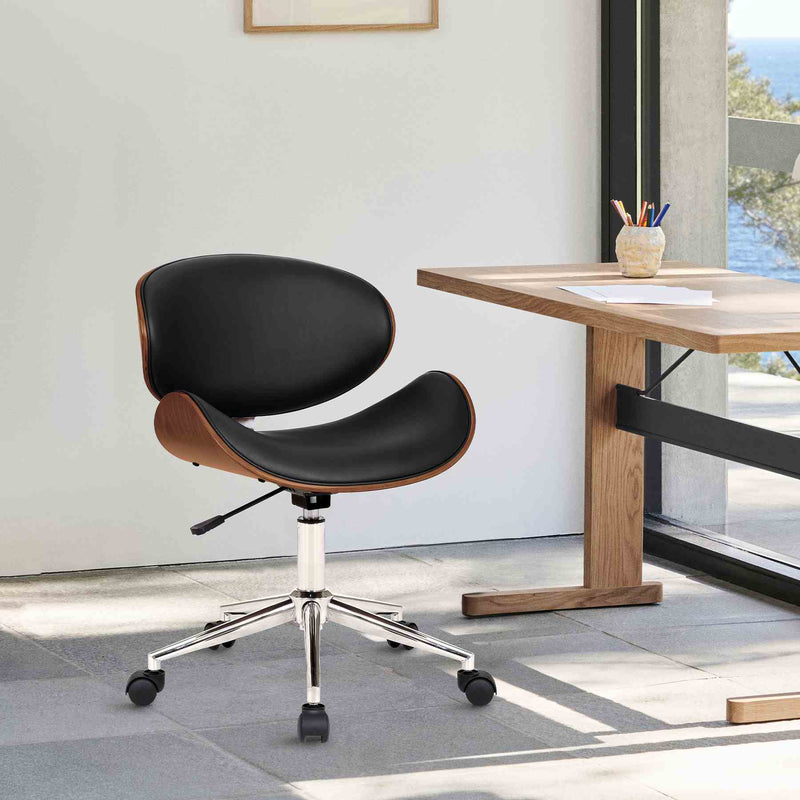 Daphne Modern Office Chair In Chrome Finish with Black Faux Leather And Walnut Veneer Back - Furniture City (CA)l