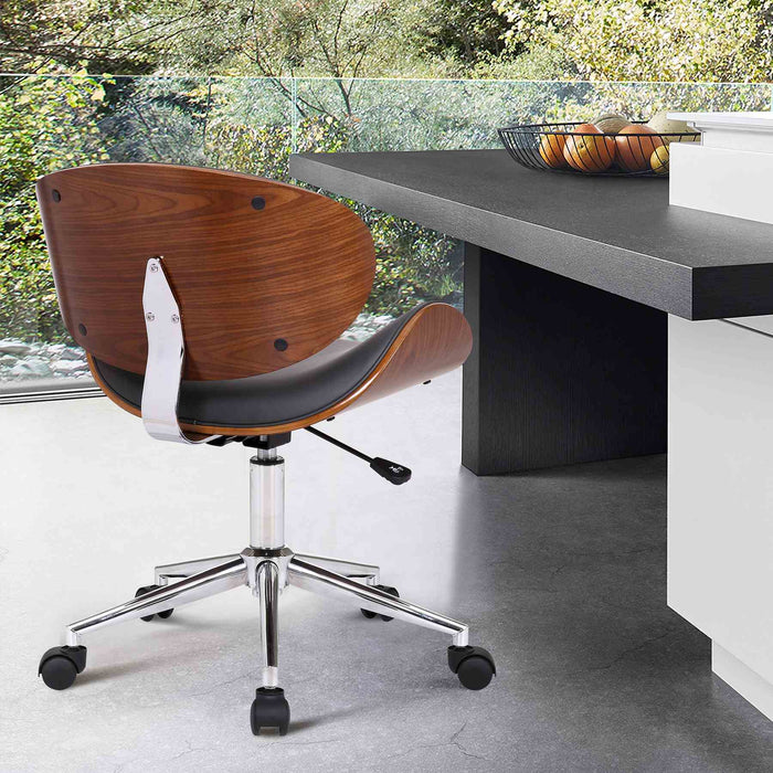 Daphne Modern Office Chair In Chrome Finish with Gray Faux Leather And Walnut Veneer Back