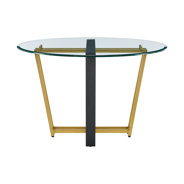 Devi 48" Round Dining Table in Gold Stainless Steel and Black Iron Base with Glass Tabletop