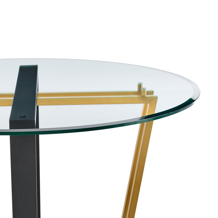 Devi 48" Round Dining Table in Gold Stainless Steel and Black Iron Base with Glass Tabletop