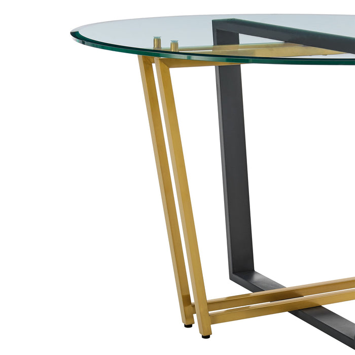 Devi 48" Round Dining Table in Gold Stainless Steel and Black Iron Base with Glass Tabletop