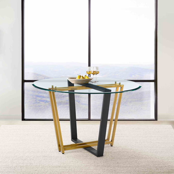 Devi 48" Round Dining Table in Gold Stainless Steel and Black Iron Base with Glass Tabletop