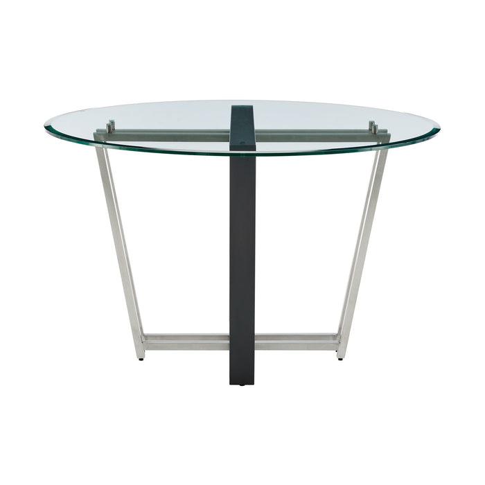 Devi 48" Round Dining Table in Brushed Stainless Steel and Black Iron Base with Glass Tabletop