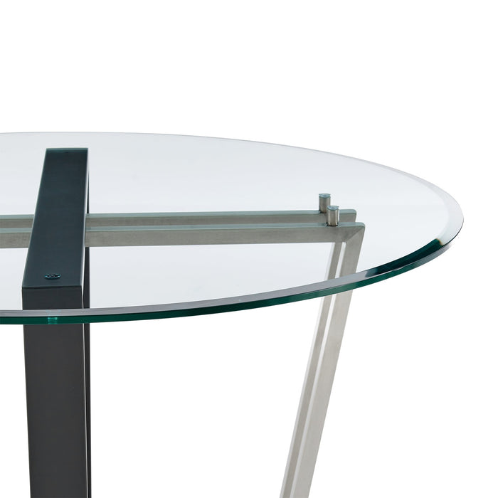 Devi 48" Round Dining Table in Brushed Stainless Steel and Black Iron Base with Glass Tabletop