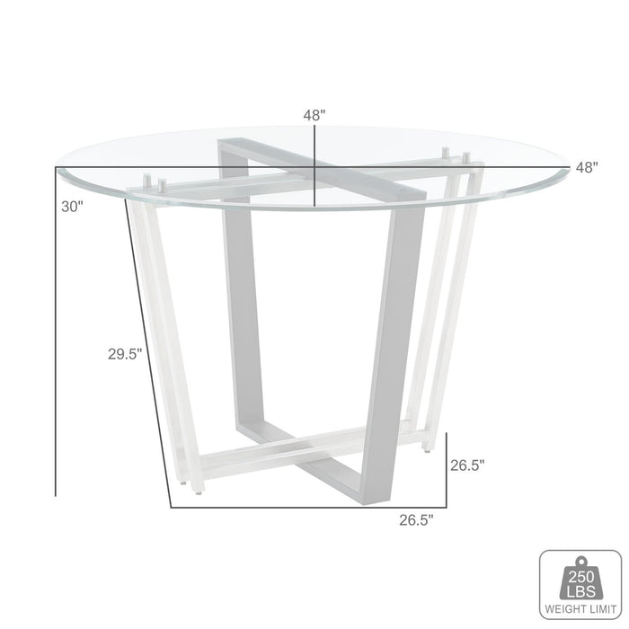 Devi 48" Round Dining Table in Brushed Stainless Steel and Black Iron Base with Glass Tabletop