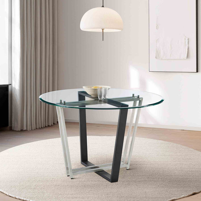 Devi 48" Round Dining Table in Brushed Stainless Steel and Black Iron Base with Glass Tabletop