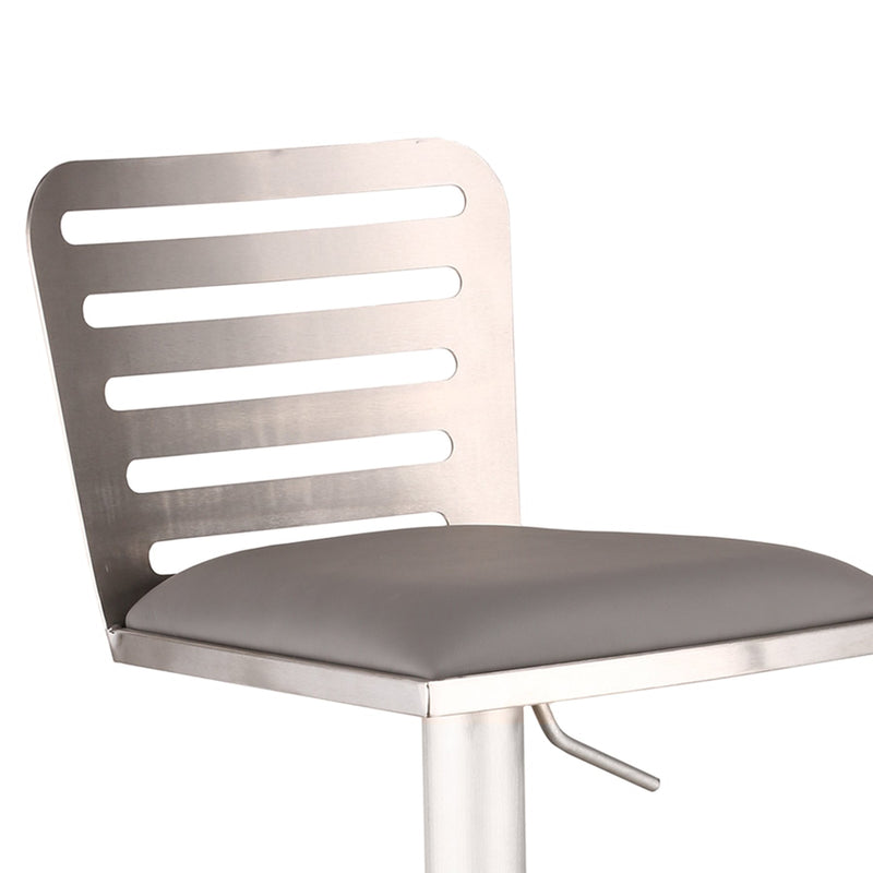 Delmar Adjustable Brushed Stainless Steel Barstool in Gray Faux Leather - Furniture City (CA)l