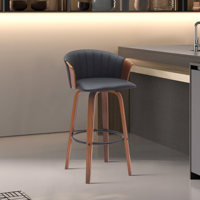 Diana 30" Swivel Walnut Wood Bar Stool in Black Faux Leather - Furniture City (CA)l