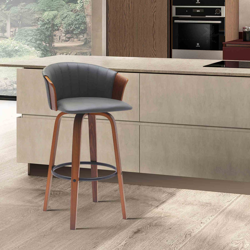 Diana 30" Swivel Walnut Wood Bar Stool in Gray Faux Leather - Furniture City (CA)l