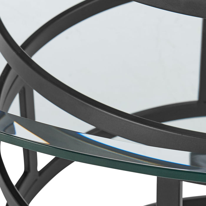 Diaz Contemporary 48" Round Dining Table with Matte Black Iron Base and Glass Tabletop