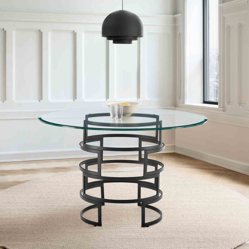 Diaz Contemporary 48" Round Dining Table with Matte Black Iron Base and Glass Tabletop - Furniture City (CA)l