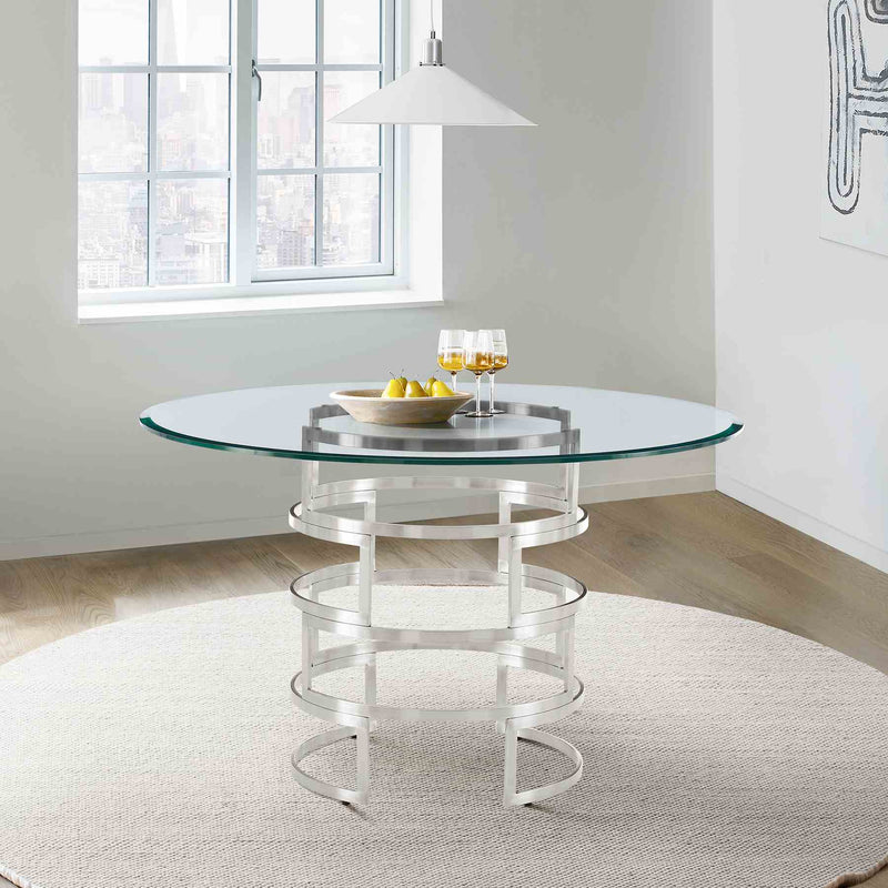 Diaz Contemporary 48" Round Dining Table with Brushed Stainless Steel Base and Glass Tabletop - Furniture City (CA)l