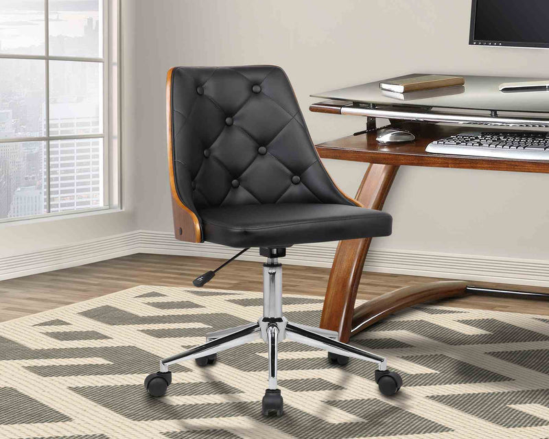 Diamond Mid-Century Office Chair in Chrome finish with Tufted Black Faux Leather and Walnut Veneer Back - Furniture City (CA)l