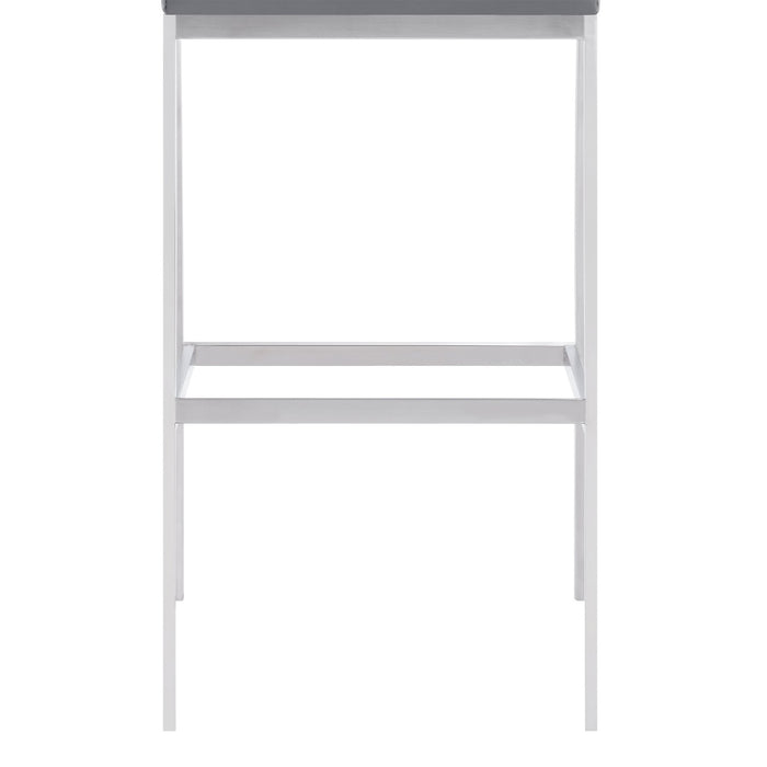 Dakota Mid-Century 26" Bar Height Barstool in Brushed Stainless Steel with Gray Faux Leather and Walnut Wood Finish Back