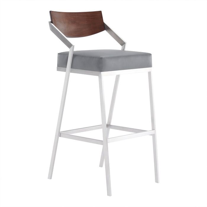 Dakota Mid-Century 30" Counter Height Barstool in Brushed Stainless Steel with Gray Faux Leather and Walnut Wood Finish Back