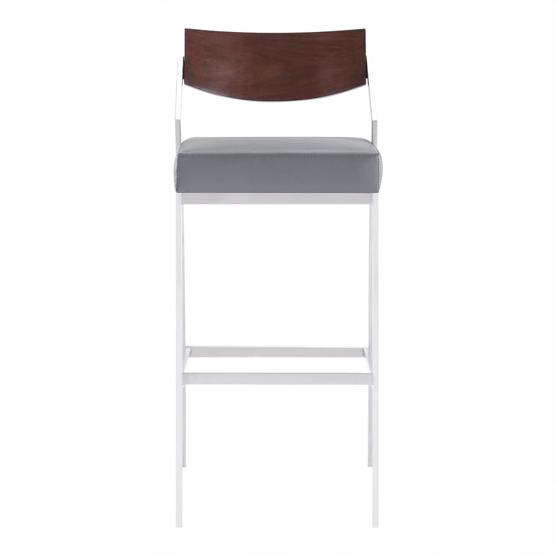 Dakota Mid-Century 30" Counter Height Barstool in Brushed Stainless Steel with Gray Faux Leather and Walnut Wood Finish Back - Furniture City (CA)l