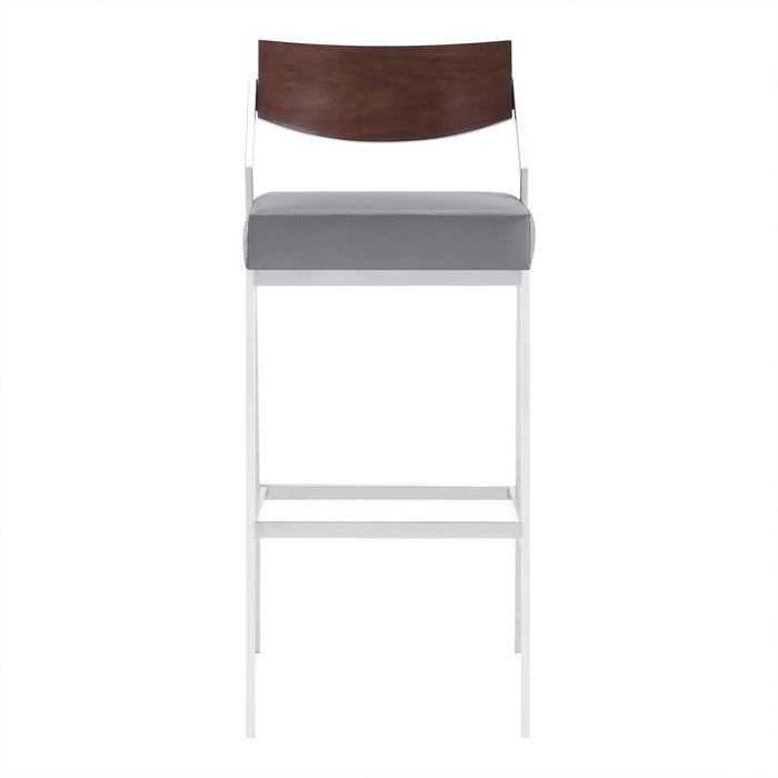 Dakota Mid-Century 30" Counter Height Barstool in Brushed Stainless Steel with Gray Faux Leather and Walnut Wood Finish Back