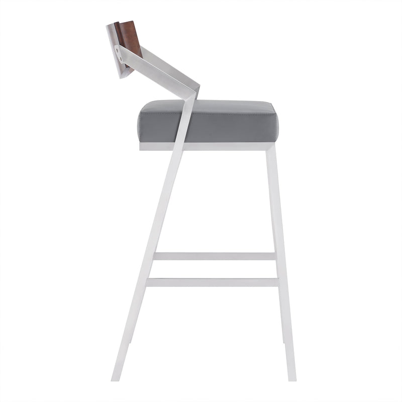 Dakota Mid-Century 30" Counter Height Barstool in Brushed Stainless Steel with Gray Faux Leather and Walnut Wood Finish Back - Furniture City (CA)l