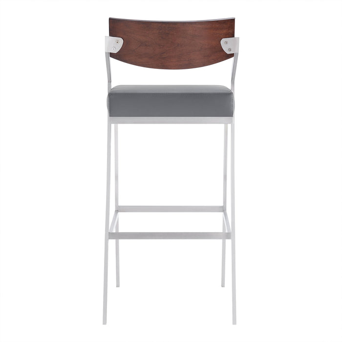 Dakota Mid-Century 30" Counter Height Barstool in Brushed Stainless Steel with Gray Faux Leather and Walnut Wood Finish Back