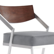 Dakota Mid-Century 30" Counter Height Barstool in Brushed Stainless Steel with Gray Faux Leather and Walnut Wood Finish Back - Furniture City (CA)l