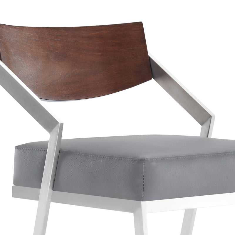 Dakota Mid-Century 30" Counter Height Barstool in Brushed Stainless Steel with Gray Faux Leather and Walnut Wood Finish Back - Furniture City (CA)l