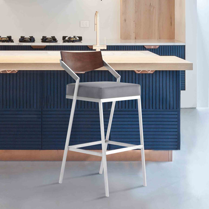 Dakota Mid-Century 30" Counter Height Barstool in Brushed Stainless Steel with Gray Faux Leather and Walnut Wood Finish Back