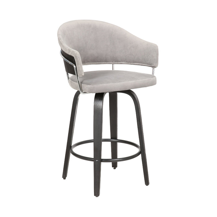 Doral 26" Light Gray Velvet Barstool in Black Powder Coated Finish with Chrome and Black Brushed Wood