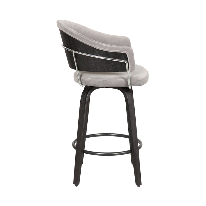 Doral 26" Light Gray Velvet Barstool in Black Powder Coated Finish with Chrome and Black Brushed Wood