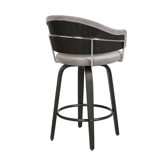 Doral 26" Light Gray Velvet Barstool in Black Powder Coated Finish with Chrome and Black Brushed Wood