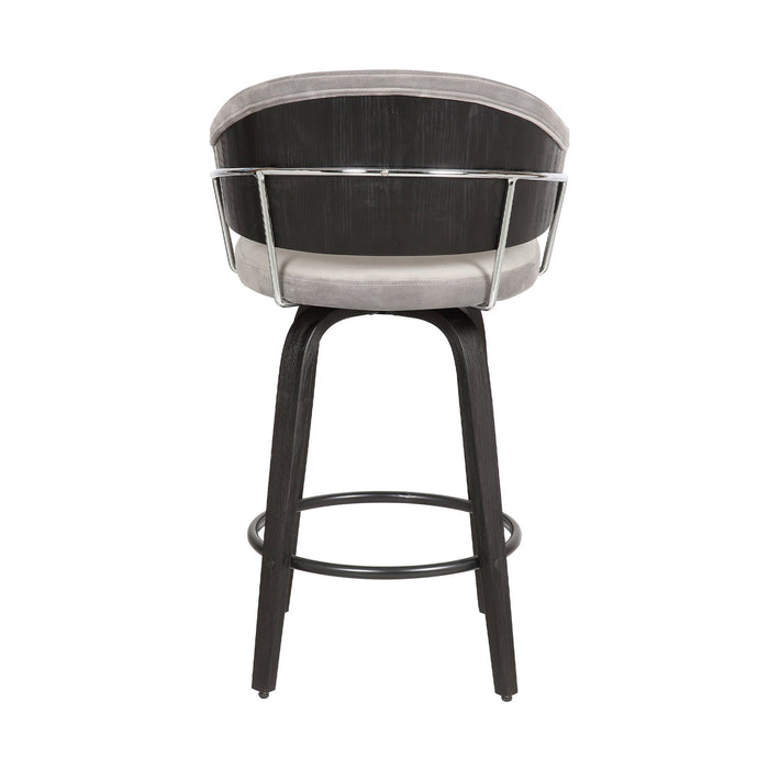 Doral 26" Light Gray Velvet Barstool in Black Powder Coated Finish with Chrome and Black Brushed Wood