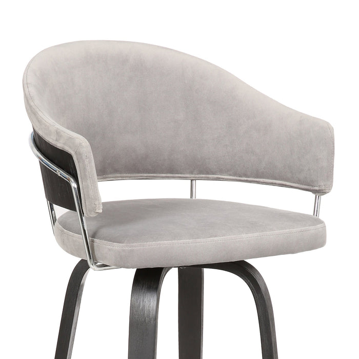 Doral 26" Light Gray Velvet Barstool in Black Powder Coated Finish with Chrome and Black Brushed Wood