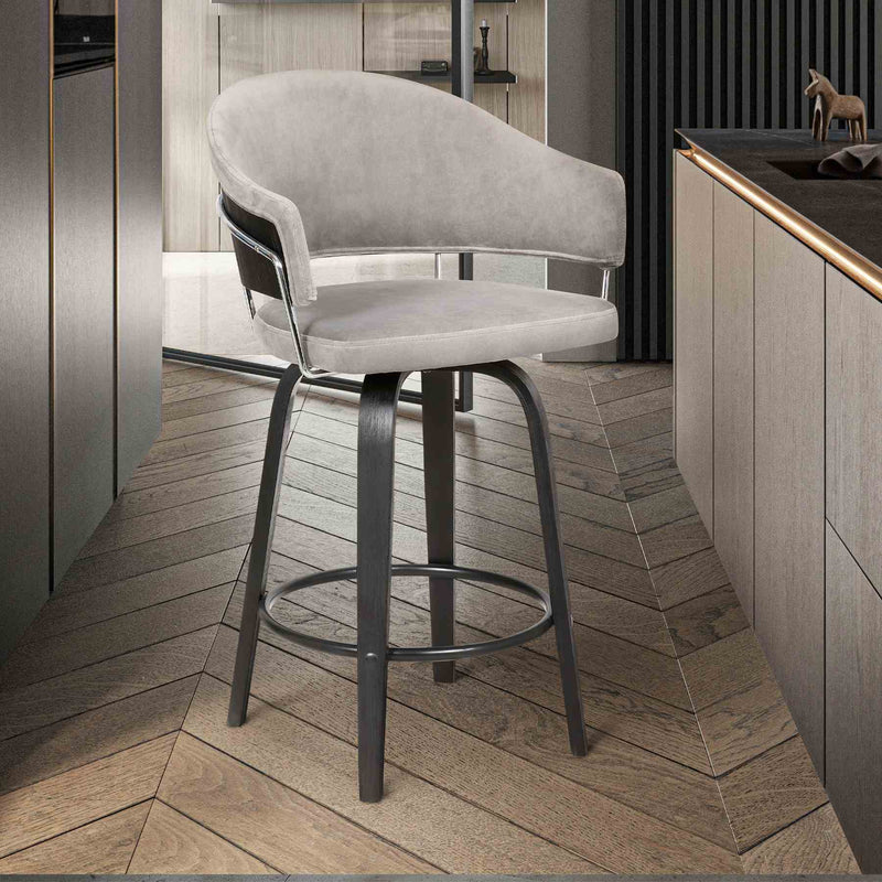 Doral 26" Light Gray Velvet Barstool in Black Powder Coated Finish with Chrome and Black Brushed Wood - Furniture City (CA)l