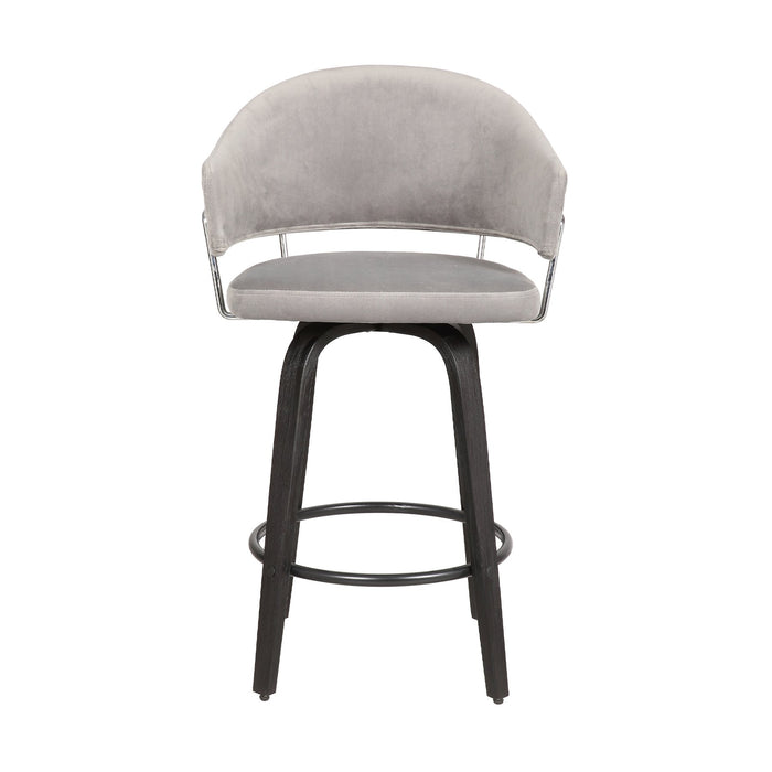 Doral 30" Light Gray Velvet Barstool in Black Powder Coated Finish with Chrome and Black Brushed Wood