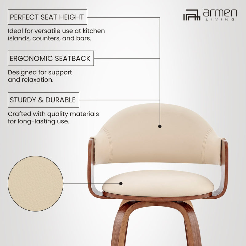 Daxton 30" Cream Faux Leather and Walnut Wood Bar Stool - Furniture City (CA)l