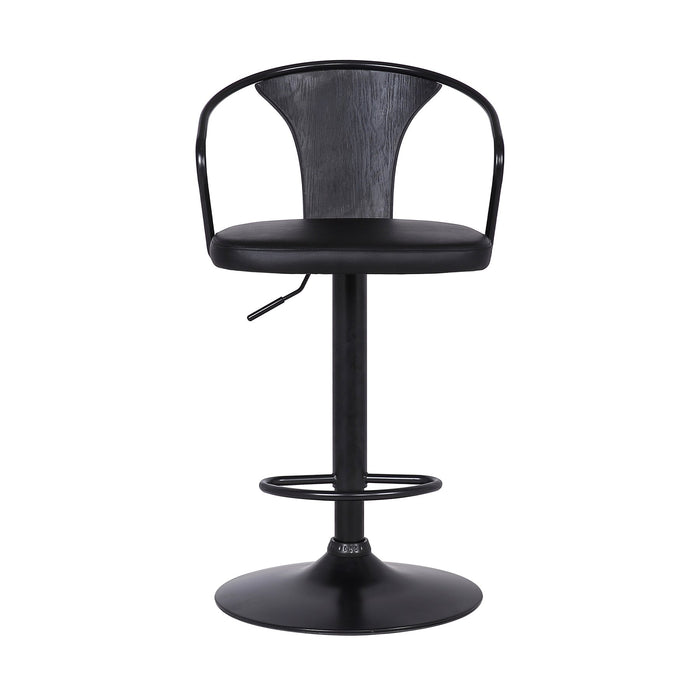Eagle Adjustable Height Swivel Black Faux Leather and Black Wood Bar Stool with Black Metal Base