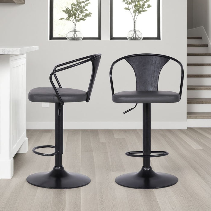 Eagle Adjustable Height Swivel Gray Faux Leather and Black Wood Bar Stool with Black Metal Base