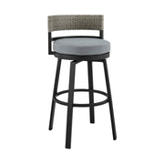 Encinitas Outdoor Patio Counter Height Swivel Bar Stool in Aluminum and Wicker with Gray Cushions - Furniture City (CA)l