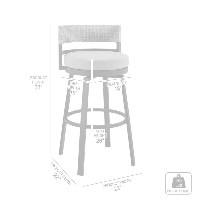 Encinitas Outdoor Patio Counter Height Swivel Bar Stool in Aluminum and Wicker with Gray Cushions
