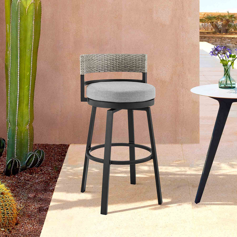 Encinitas Outdoor Patio Counter Height Swivel Bar Stool in Aluminum and Wicker with Gray Cushions - Furniture City (CA)l