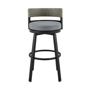 Encinitas Outdoor Patio Counter Height Swivel Bar Stool in Aluminum and Wicker with Gray Cushions - Furniture City (CA)l