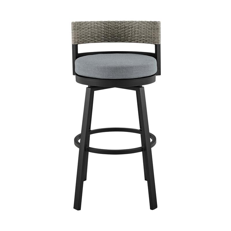 Encinitas Outdoor Patio Counter Height Swivel Bar Stool in Aluminum and Wicker with Gray Cushions - Furniture City (CA)l