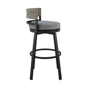 Encinitas Outdoor Patio Counter Height Swivel Bar Stool in Aluminum and Wicker with Gray Cushions - Furniture City (CA)l